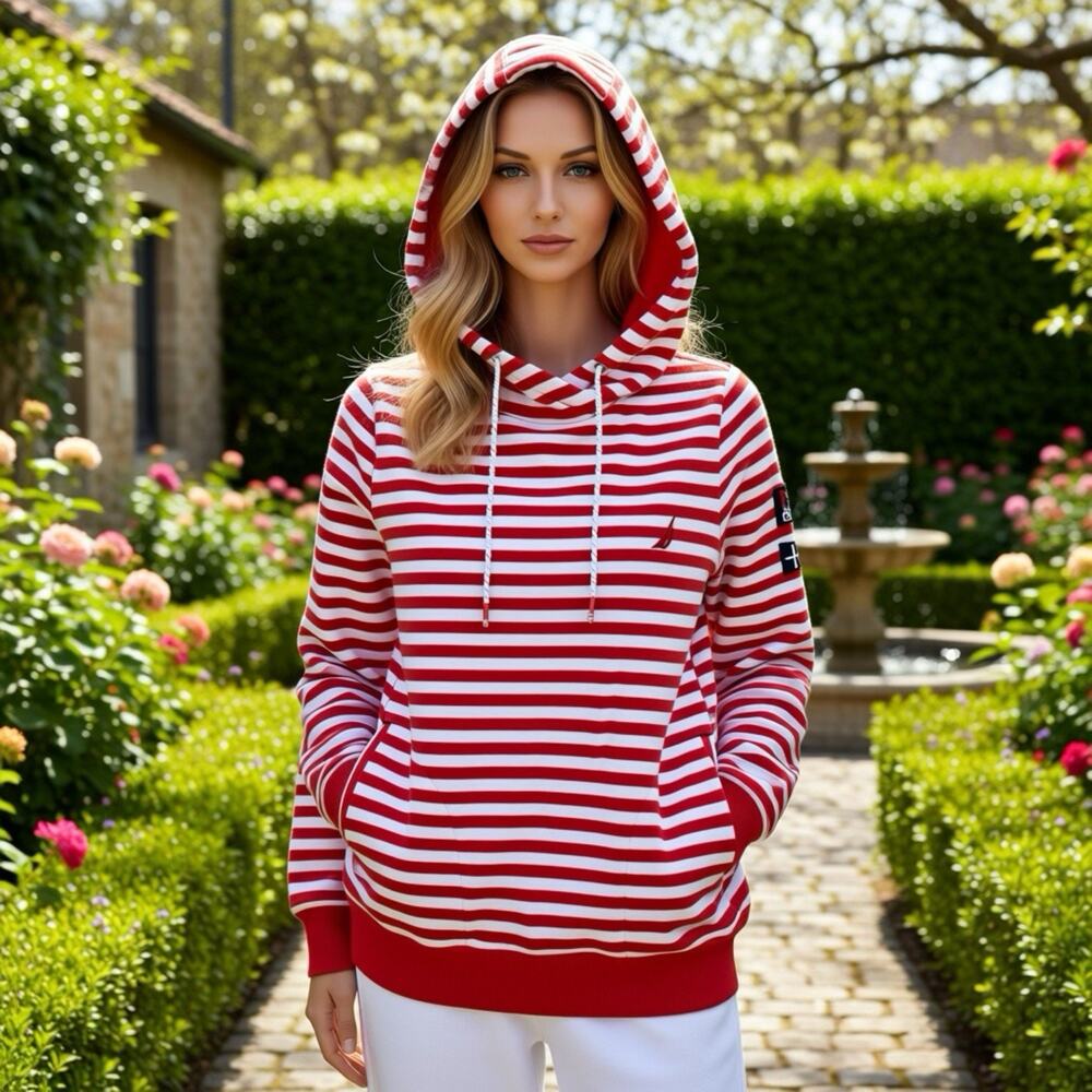 Nautica Women M Soft Fleece Hoodie Pullover Sweatshirt Pocket Logo Red White